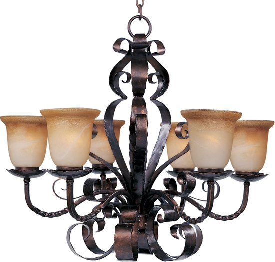 Foto para 100W Aspen 6-Light Chandelier OI Vintage Amber Glass MB Incandescent 36" Chain