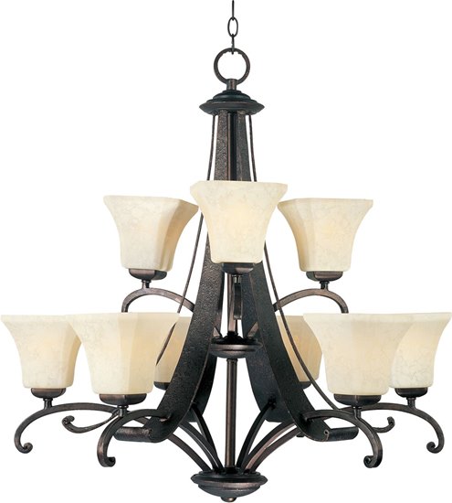 Foto para 100W Oak Harbor 9-Light Chandelier RB Frost Lichen Glass MB Incandescent 72" Chain