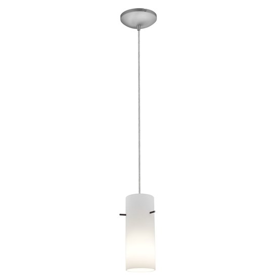 Foto para 100w Cylinder Glass Pendant E-26 A-19 Incandescent Dry Location Brushed Steel Opal Glass 10"Ø4" (CAN 1.25"Ø5.25")