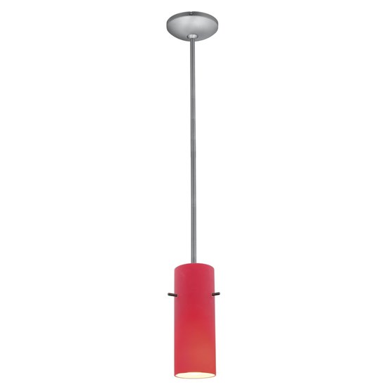 Picture of 100w Cylinder Glass Pendant E-26 A-19 Incandescent Dry Location Brushed Steel Red Glass 10"Ø4" (CAN 1.25"Ø5.25")