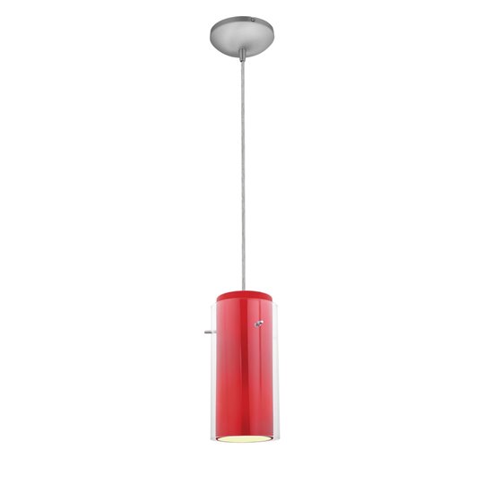 Picture of 100w Glass`n Glass  Cylinder Pendant E-26 A-19 Incandescent Dry Location Brushed Steel Clear Red Glass 10"Ø4.5" (CAN 1.25"Ø5.25")