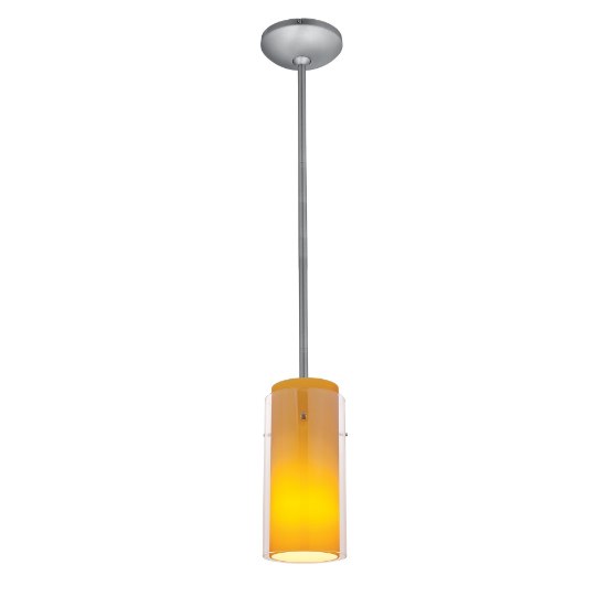 Picture of 11w Glass`n Glass Cylinder E-26 A-19 LED Dry Location Brushed Steel Clear Amber Rod Glass Pendant (CAN 1.25"Ø5.25")