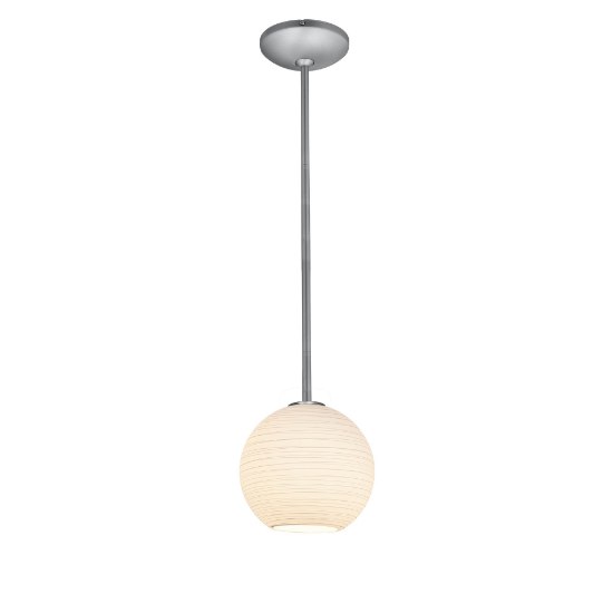 Picture of 11w (s) Japanese Lantern E-26 A-19 LED Dry Location Brushed Steel White Lined Rod Glass Pendant (CAN 1.25"Ø5.25")