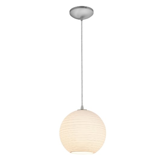 Foto para 11w (l) Japanese Lantern E-26 A-19 LED Dry Location Brushed Steel White Lined Cord Glass Pendant (CAN 1.25"Ø5.25")