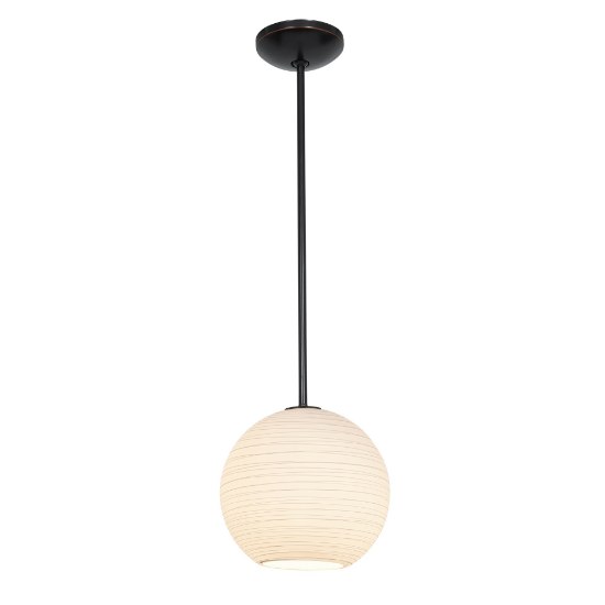 Picture of 11w (l) Japanese Lantern E-26 A-19 LED Dry Location Oil Rubbed Bronze White Lined Rod Glass Pendant (CAN 1.25"Ø5.25")