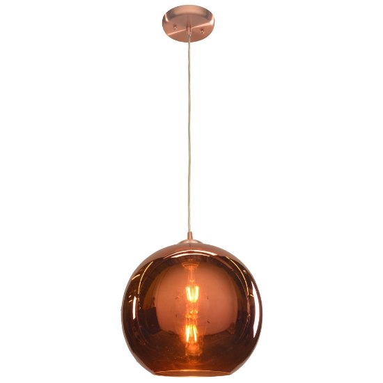 Picture of 11w 800lm 30k Glow E-26 Replaceable LED Dry Location Brushed Copper Copper Mirrored Glass Dimmable LED Pendant 12"Ø12" (OA HT 15-130") (CAN 1"Ø5")