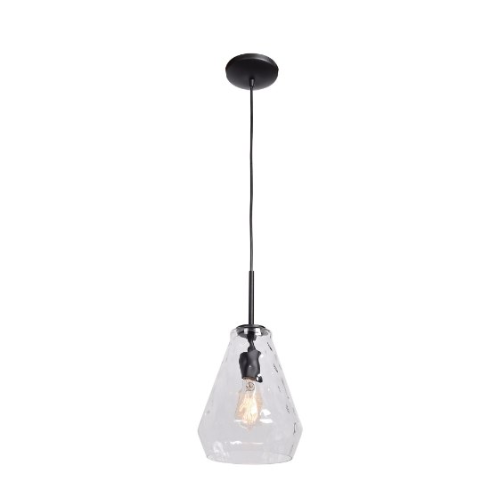 Picture of 60w 800lm 27k Simplicite E-26 Incandescent Damp Location Black Clear Wavy Glass Pendant 10"Ø9" (OA HT 131")