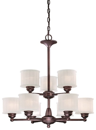 Foto para 100w SW 9 Light Chandelier Lathan Bronze Etched Glass-Box Pleat