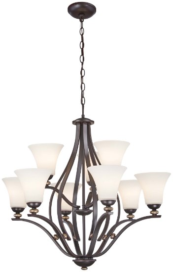 Foto para 100w SW 9 Light Chandelier Lathan Bronze With Gold Highli Etched White