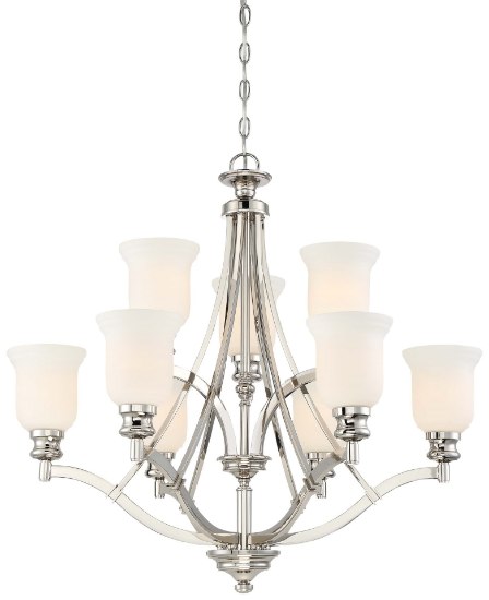 Foto para 100w SW 9 Light Chandelier Polished Nickel Etched Opal