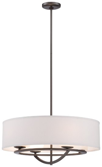 Picture of 100w SW 4 Light Drum Pendant Smoked Iron White Fabric With Etched Opal Glass