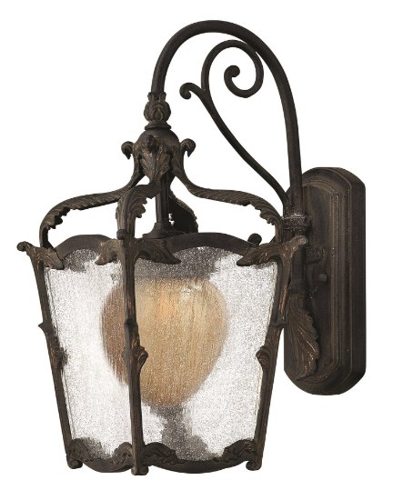 Foto para 100w Outdoor Sorrento MED Clear Seedy and Optic Etched Amber Aged Iron Small Wall Mount