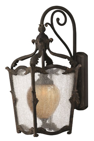 Picture of 100w Outdoor Sorrento MED Clear Seedy and Optic Etched Amber Aged Iron Large Wall Mount