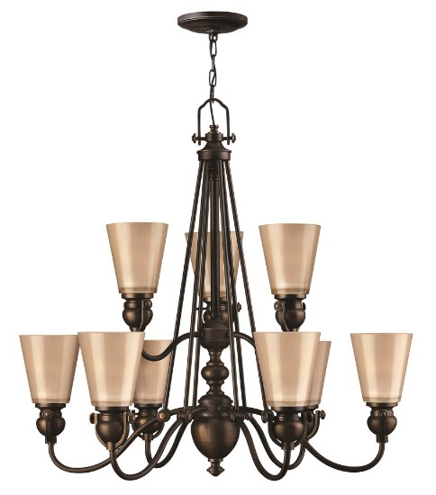 Foto para 75w Chandelier Mayflower MED Inside Etched Amber Olde Bronze Two Tier Foyer