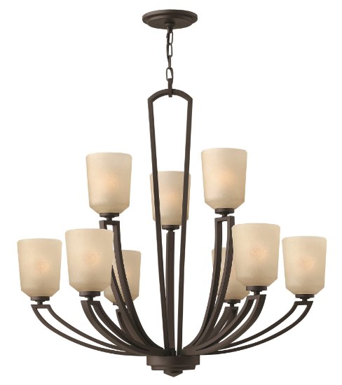 Foto para 75w Chandelier Parker MED Light Amber Etched Linen Buckeye Bronze Two Tier Foyer