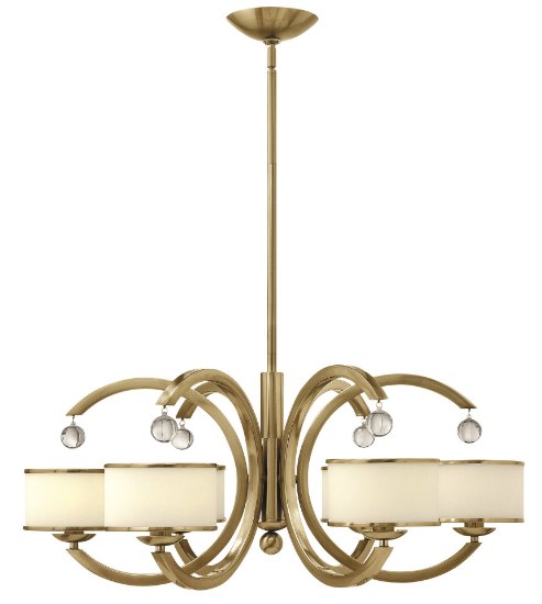 Foto para 60w Chandelier Monaco CAND Etched Opal Metal Trimmed Glass Shade Brushed Caramel Stem Hung