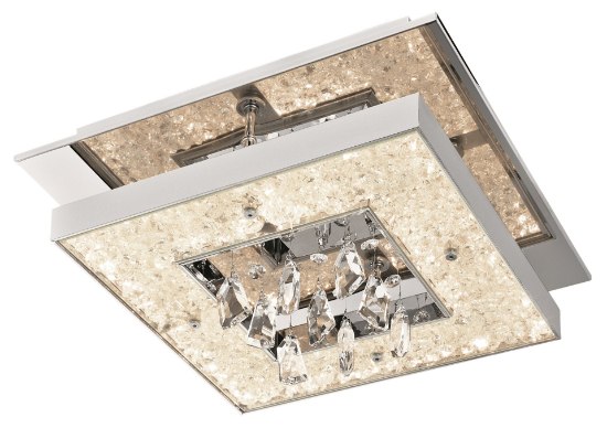 Picture of 992lm Crushed Ice Clear Glass With Crystals Gems + Hanging Crystal Accents Chrome Integrated LED warm white LED 1 (light) square flush mount