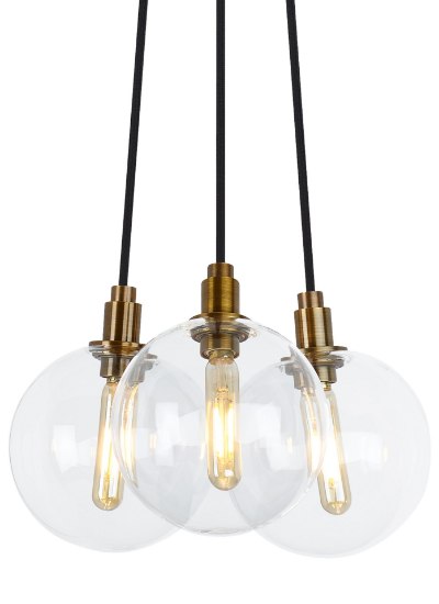 Picture of 2w Gambit 22k Transparent Glass Globe Aged Brass E12 T6 90cri Gambit 3-Lite Chandelier 3-L CL AB -LED922